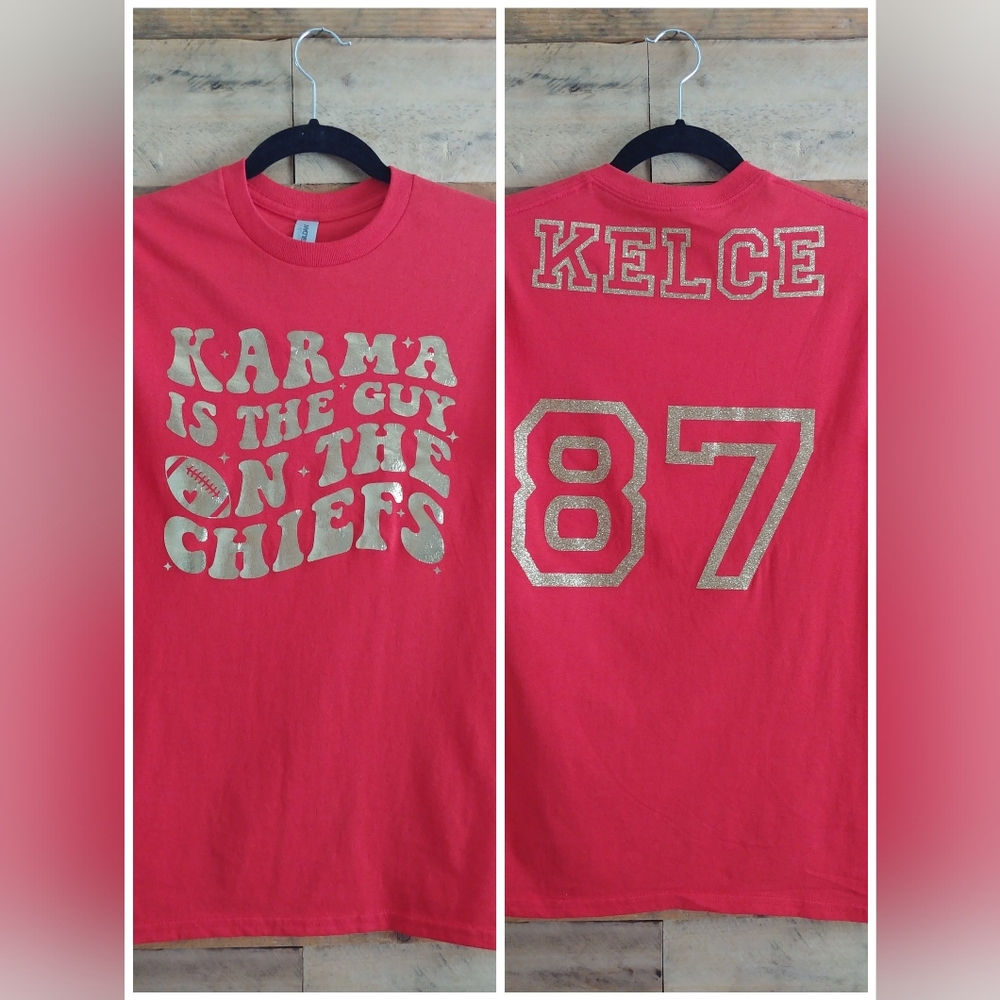 Red Swiftie T-Shirt KC Chiefs Themed Gold Lettering